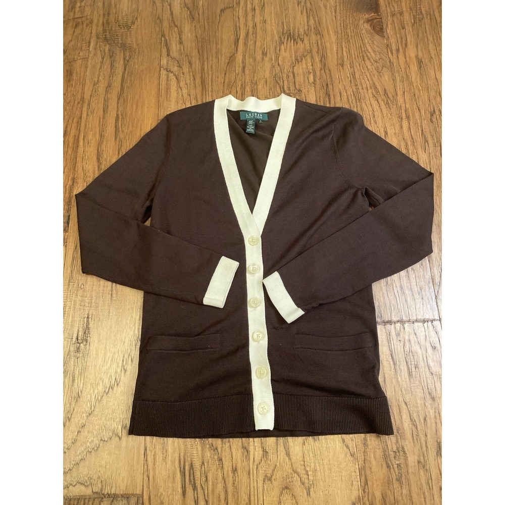 Lauren Ralph Lauren Cardigan Brown Beige Trim Size Small